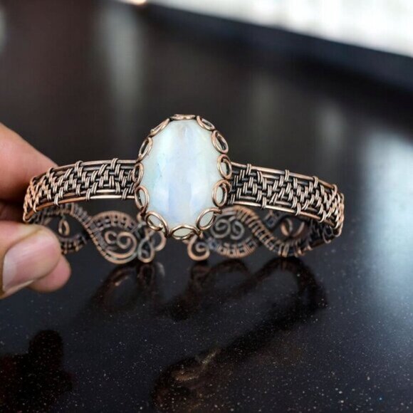 Rainbow Moonstone ✦ Copper Cuff Bracelet ✦ Adjustable Oval Stone Healing NWT - Picture 6 of 15